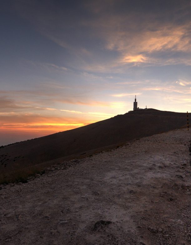 Sunset at summit of Mont Ventoux.located in the Provence region of southern France . Mont Ventoux stands over 1,600 metres high, it is very popular with cyclists.